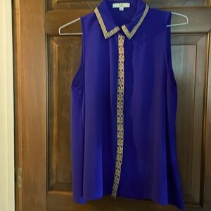 YA Los Angeles sz L indigo purple-blue sleeveless top gold embroidered 60% silk